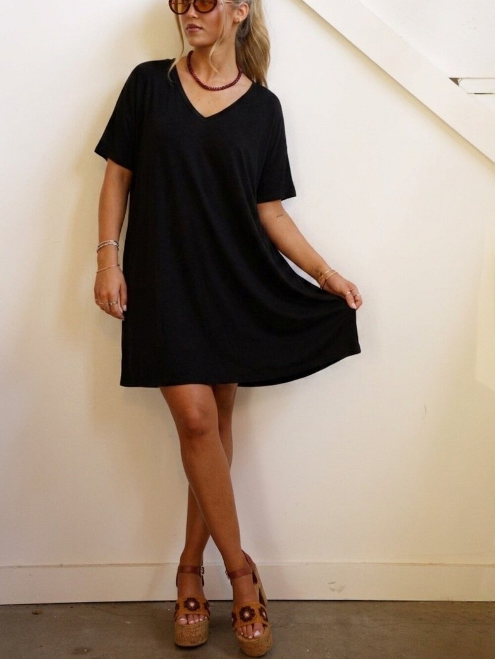 Molly Green Black V-Neck T-Shirt Dress - Size Medium - Soft & Stretchy